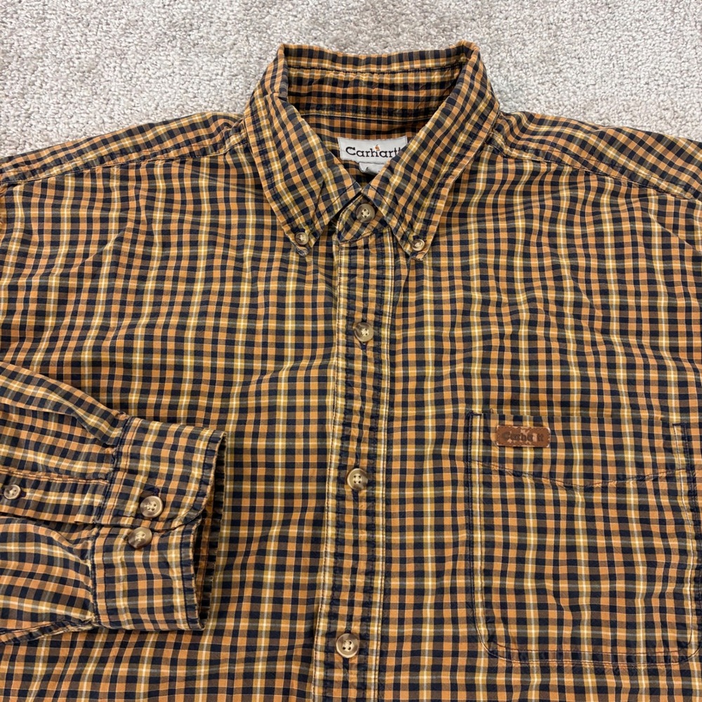 Carhartt Mens XL Long Sleeve Plaid Button Down Shirt Navy Orange Fall Heritage